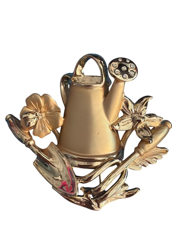 Ajc Jewelry - Vintage AJC Gold Tone Watering Can Flowers Brooch Pin Gardening 2.25" Estate